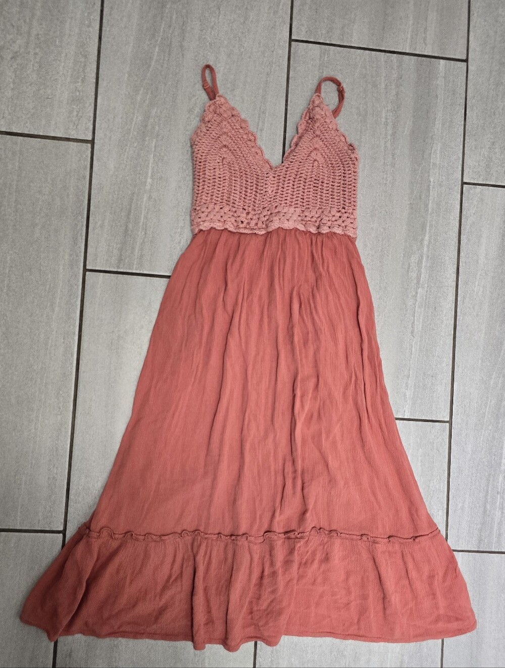 Boho Pink Crochet Bodice Dress Women’s Small Midi Sundress Cottagecore Festival